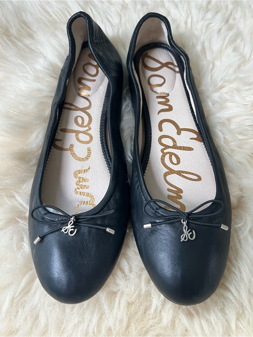 Sam Edelman Black Leather Ballet Flats with Bow & Charm